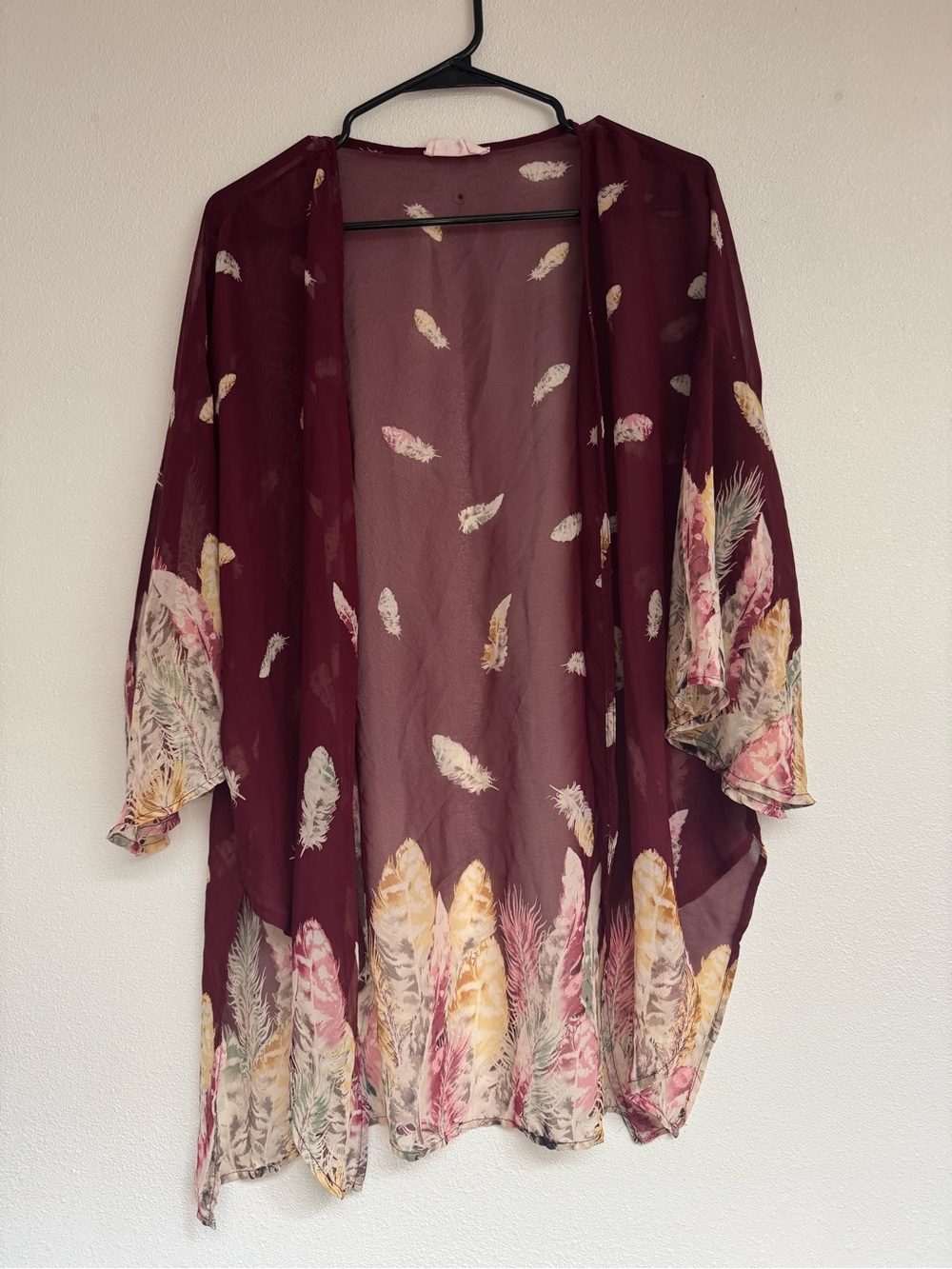 Peach Love California Burgundy Sheer Feather-Print Kimono